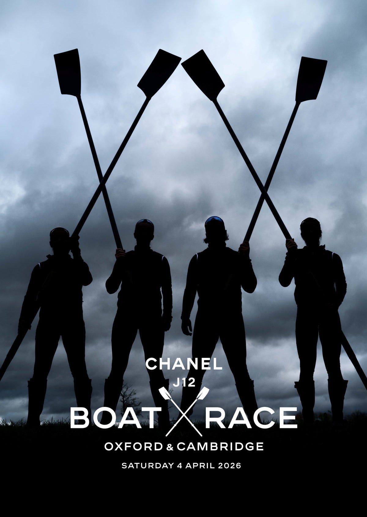 Silhouette of four people holding oars against a dark sky with 'Chanel J12 Boat Race Oxford & Cambridge' text.